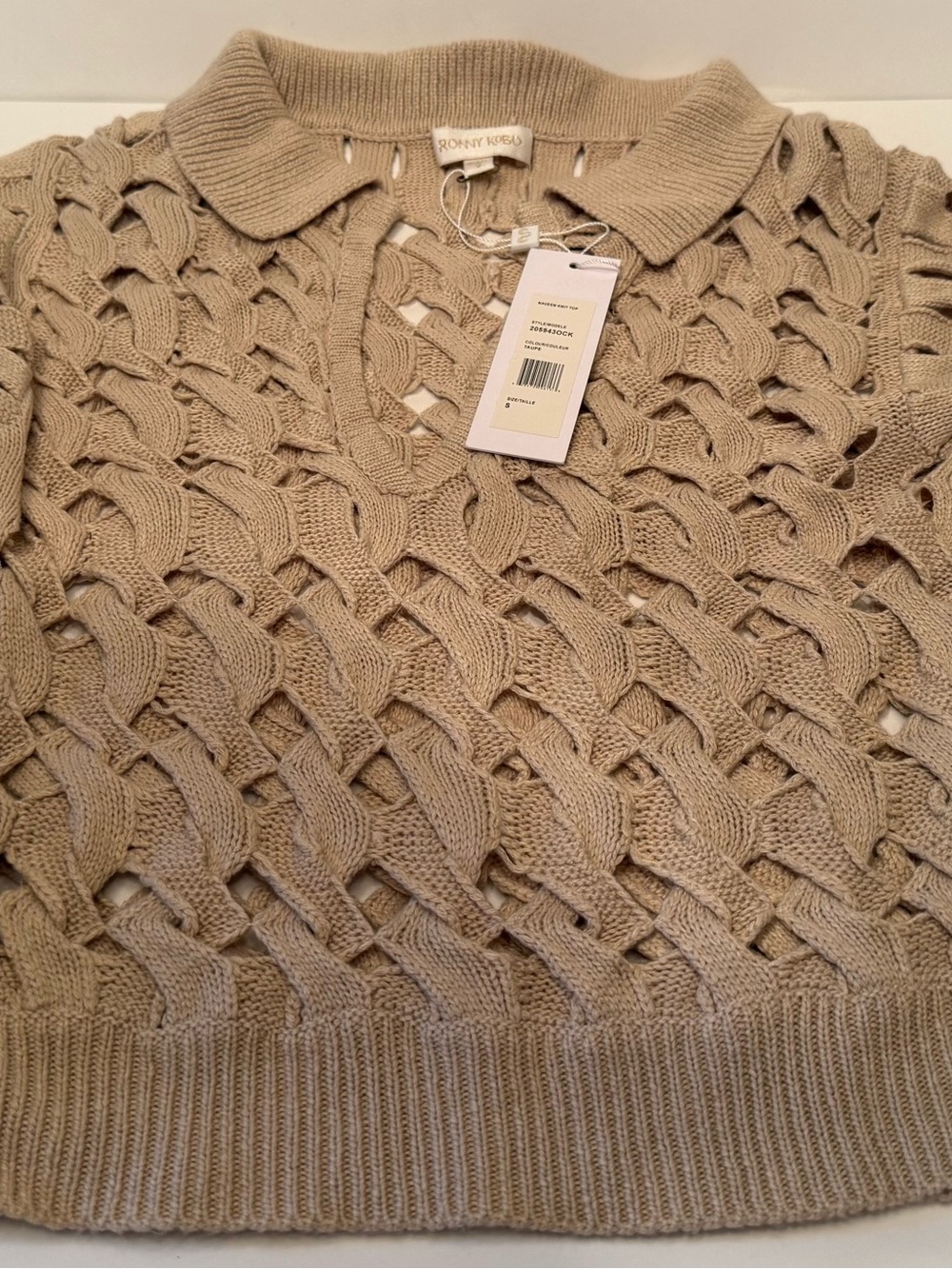 Ronny Kobo Collection Taupe Open-Knit V-Neck Polo Sweater